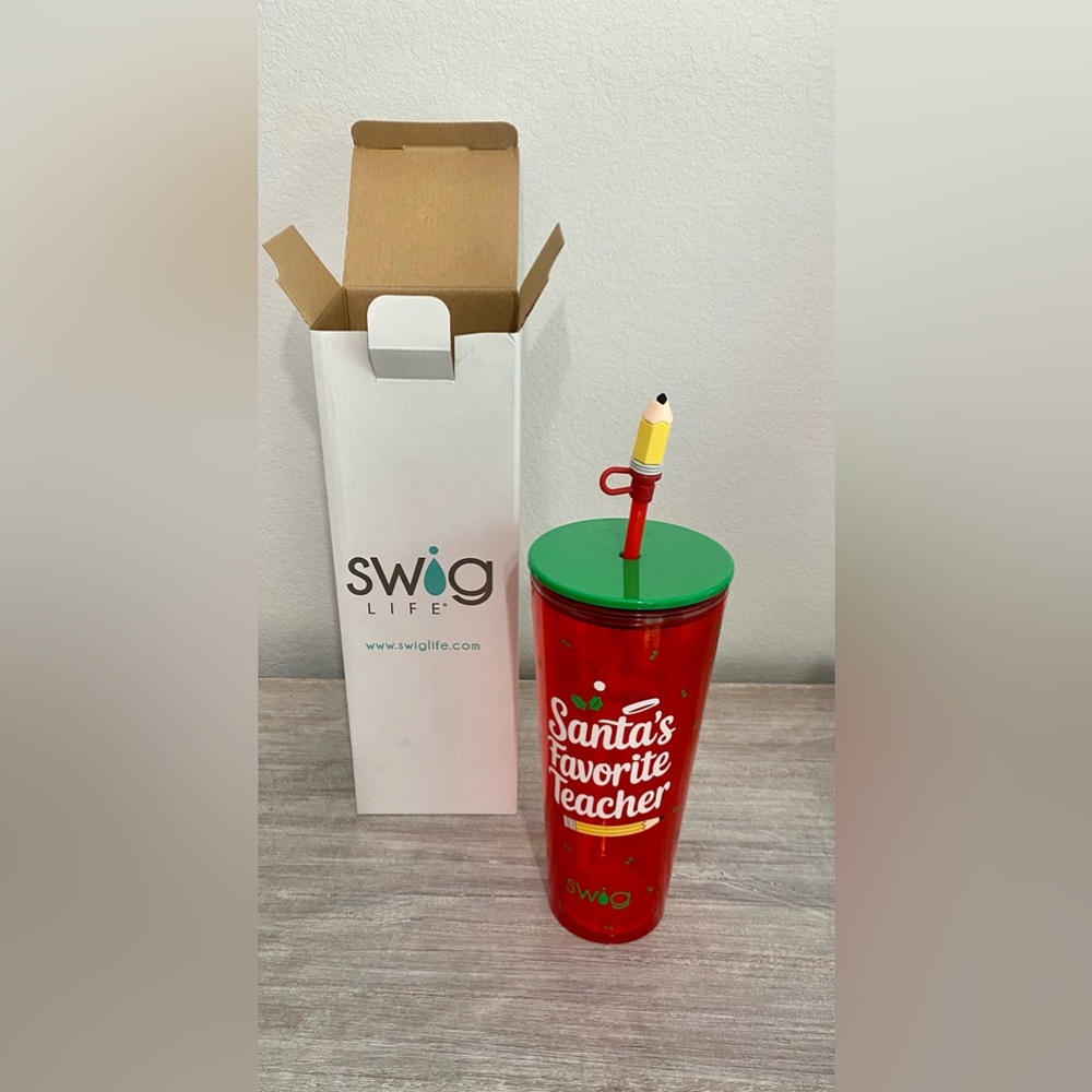 Swig Life Red Santa’s Favorite Teacher Tumbler Christmas Drinking Glass 24 oz.